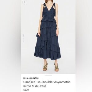 Ulla Johnson Candace Tie-Shoulder Asymmetric Ruffle
Midi Dress